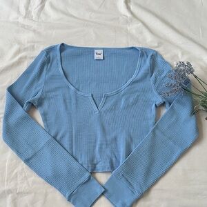TNA Blue Waffle Knit Crop Top Long Sleeve